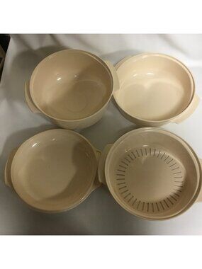 Vintage Tupperware Tupperwave Stack Cooker Microwave Almond Set Of 4
